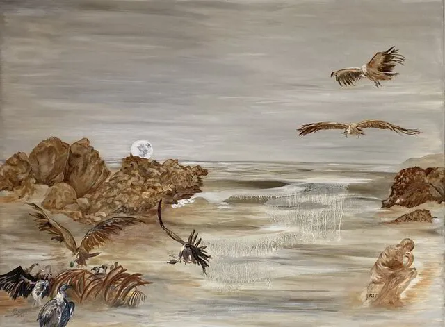 Bev Annegarn Art - Painting of vultures feeding on carrion