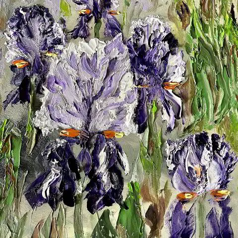 Bev Annegarn Art - Study of Five Purple Irises - Oil on Canvas