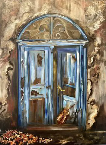 Oil painting of open blue door with violin. For sale.