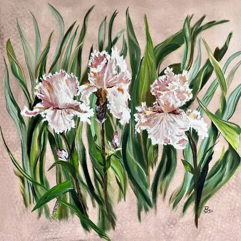 Oil painting of 3 irises on canvas. For sale.