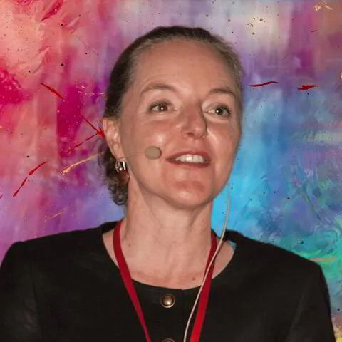 Head and shoulders of Dr Louise Harris speaking with a multi-coloured abstract background