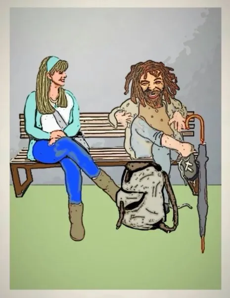 Cartoon-style illustration of two people talking on a park bench. On the left, a woman in a teal sweater, blue jeans, and boots sits smiling. On the right, a bearded man with dreadlocks rests one foot on the bench, holding a shoe; an umbrella hooks over the bench arm and a worn backpack sits on the ground. Simple gray wall behind them, green ground below. The scene conveys empathy, conversation, and kindness across differences. Meta Keywords: compassion, kindness, park bench conversation, outreach, homelessness, friendship, human dignity, Soul Sonshine blog image.