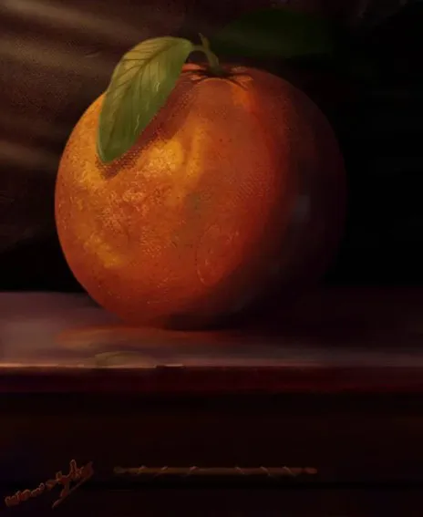 A warm, painterly still life of an orange resting on a polished wooden surface. The fruit glows with soft, golden light, its textured skin illuminated to evoke richness and depth — symbolizing simplicity, beauty, and the fruitfulness of creation.