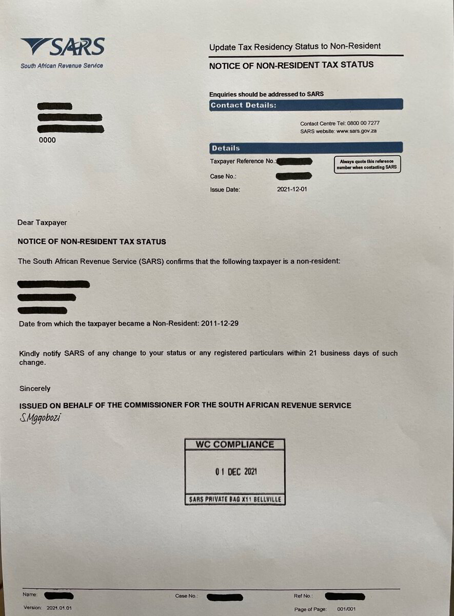 Sars Is Now Issuing Letters Confirming Non Tax Residency