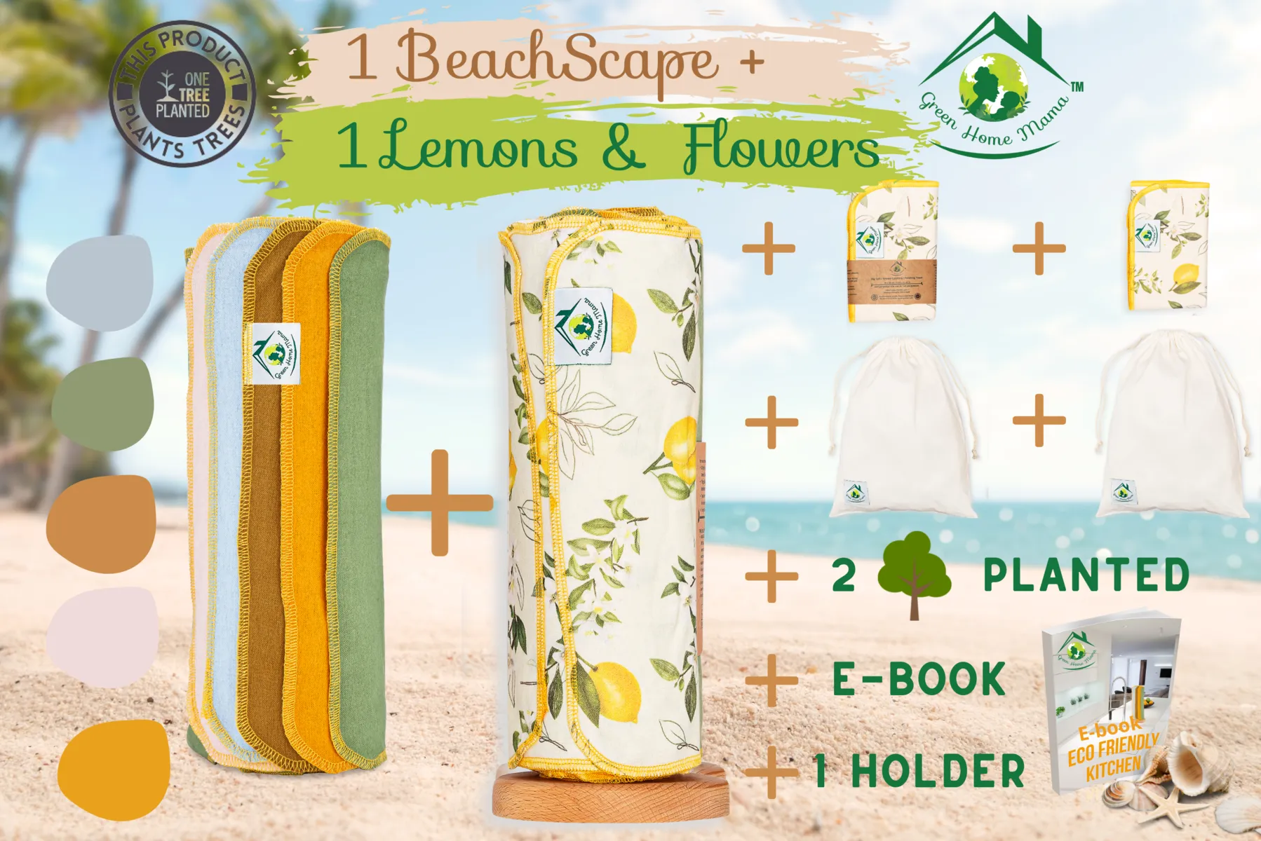  1 BEACHSCAPE + 1 LEMONS & FLOWERS Bundle: 1 Roll Lemons & Flowers + 1 Roll BeachScape 28 Reusable Unpaper Towels + Two 2-ply towels, 2 cotton bags, 1 holder, 1 E-book, 2 trees planted