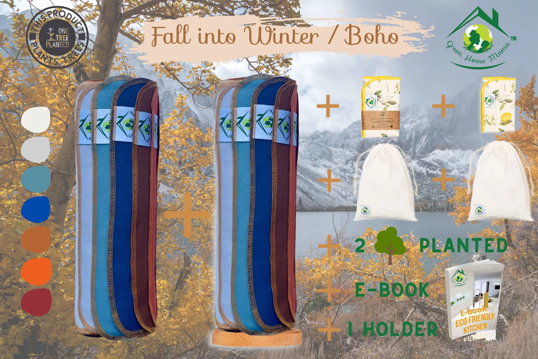 FALL INTO WINTER BUNDLE 2 Rolls of 28 Reusable Unpaper Towels + Two 2-ply towels, 2 cotton bags, 1 holder, 1 E-book, 2 trees planted