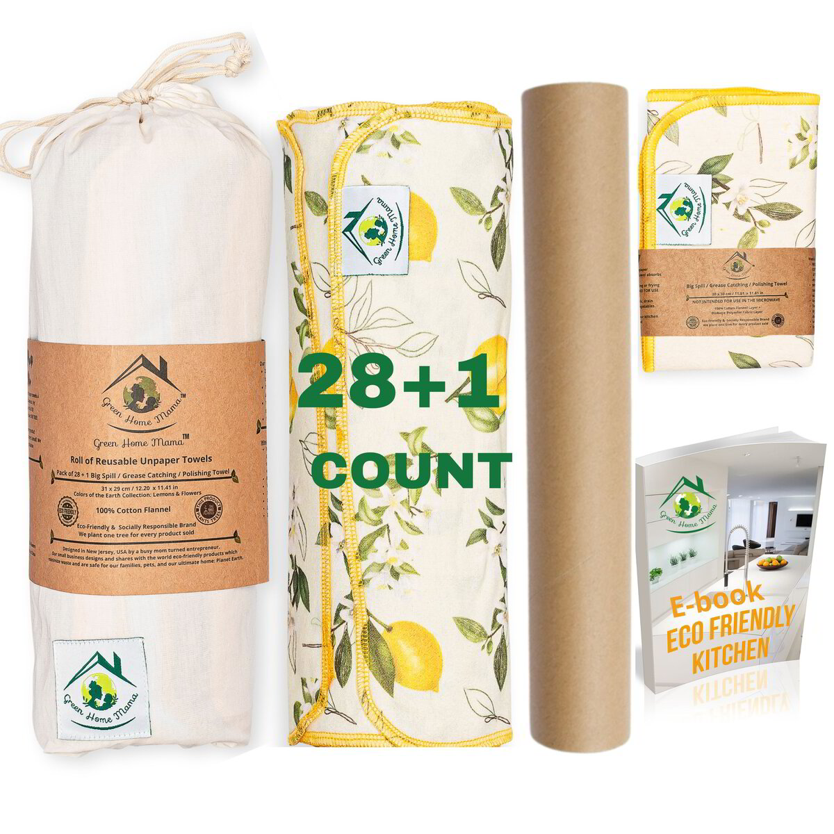 LEMONS & FLOWERS Roll of 28 Reusable Unpaper Towels with Bonuses