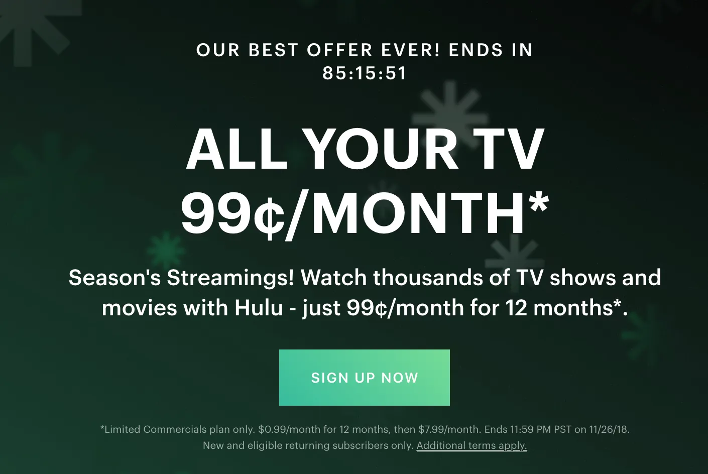 Hulu Limited Commercial Plan for $0.99 a month, up to 1 year