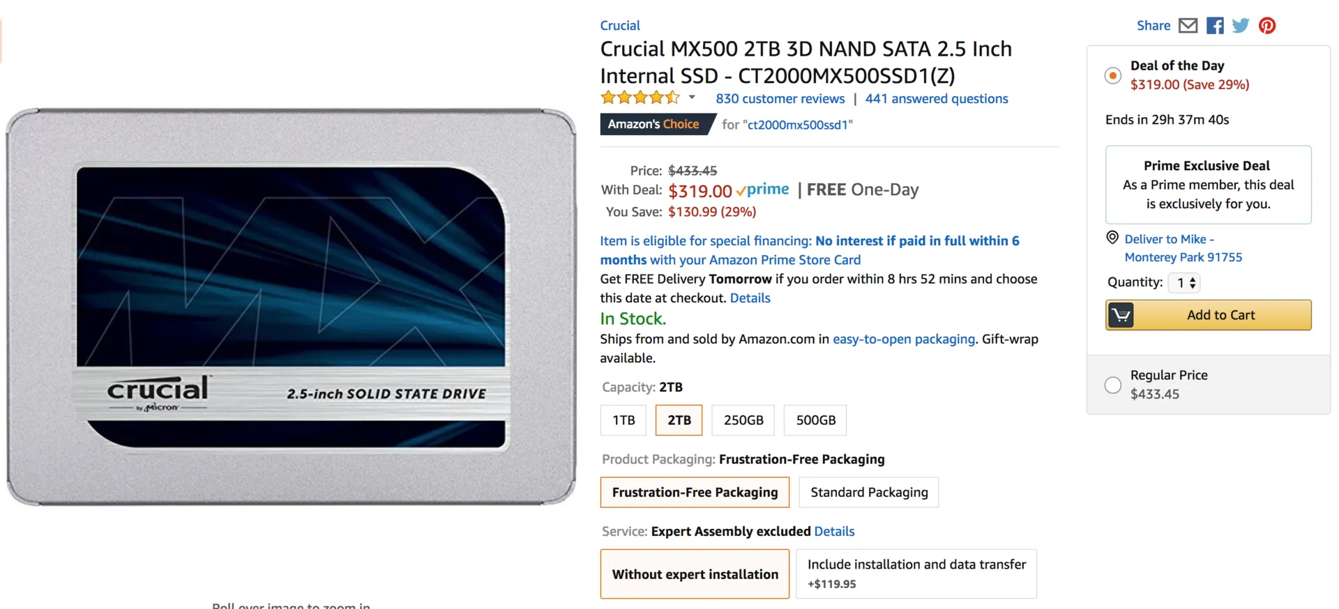 Crucial MX500 2TB SSD for $319 on Prime Day