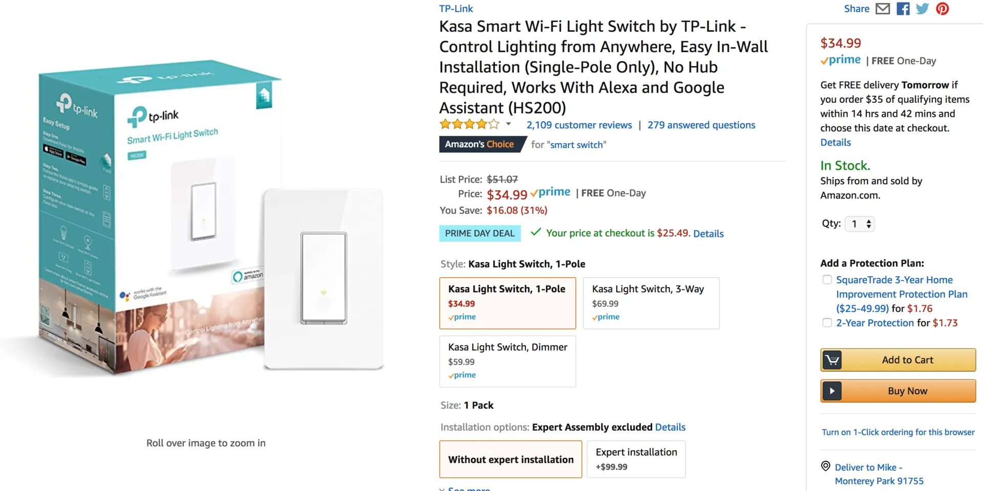 Alexa Controllable Wall Switch - $25.49 by TP-Link