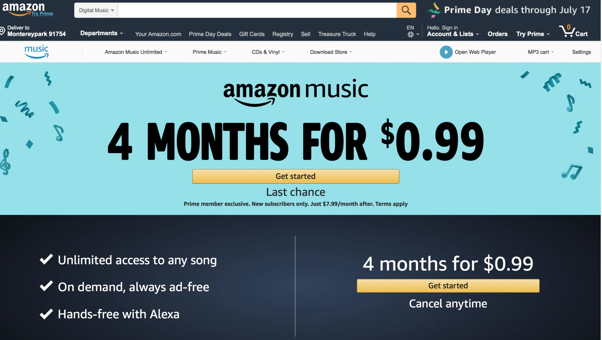 $0.99 for 4 Month Music Trial