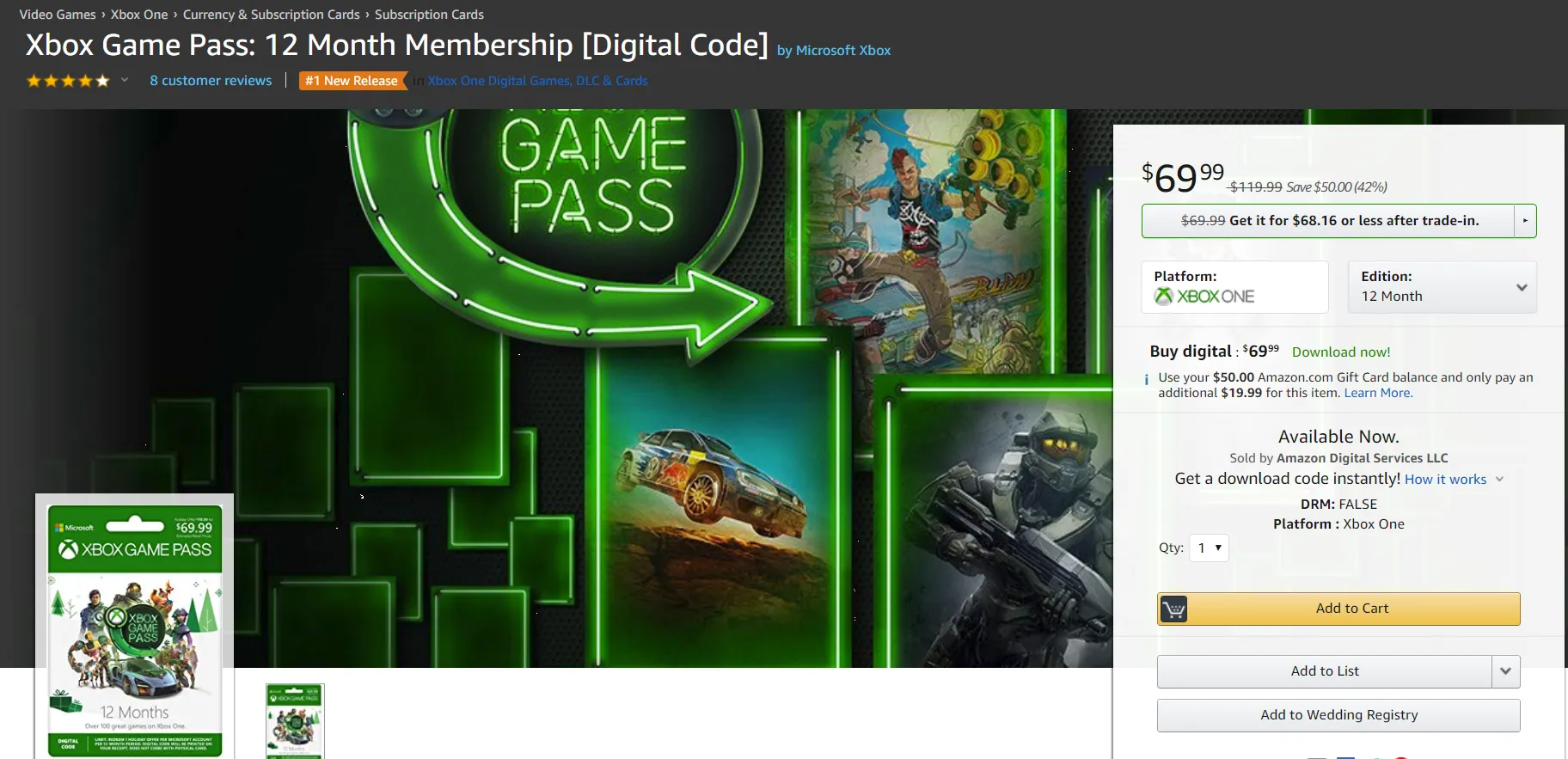 Xbox Game Pass 12 Month Subscription for $69 (50% off)