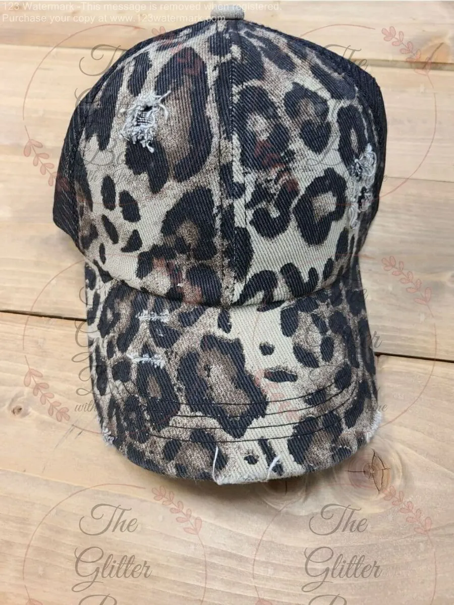 Distressed Dark Leopard Print Hat - Pony Tail