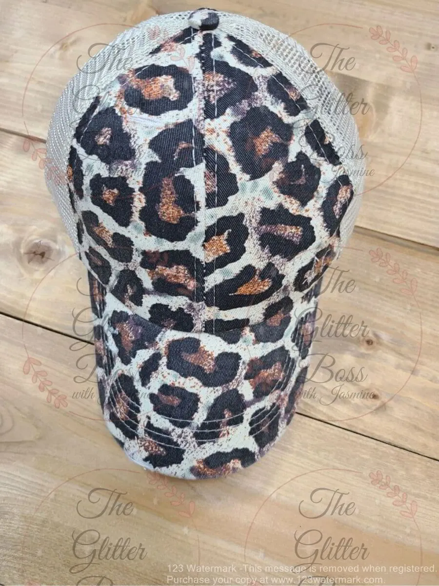 Distressed Large Leopard Print Hat - Pony Tail