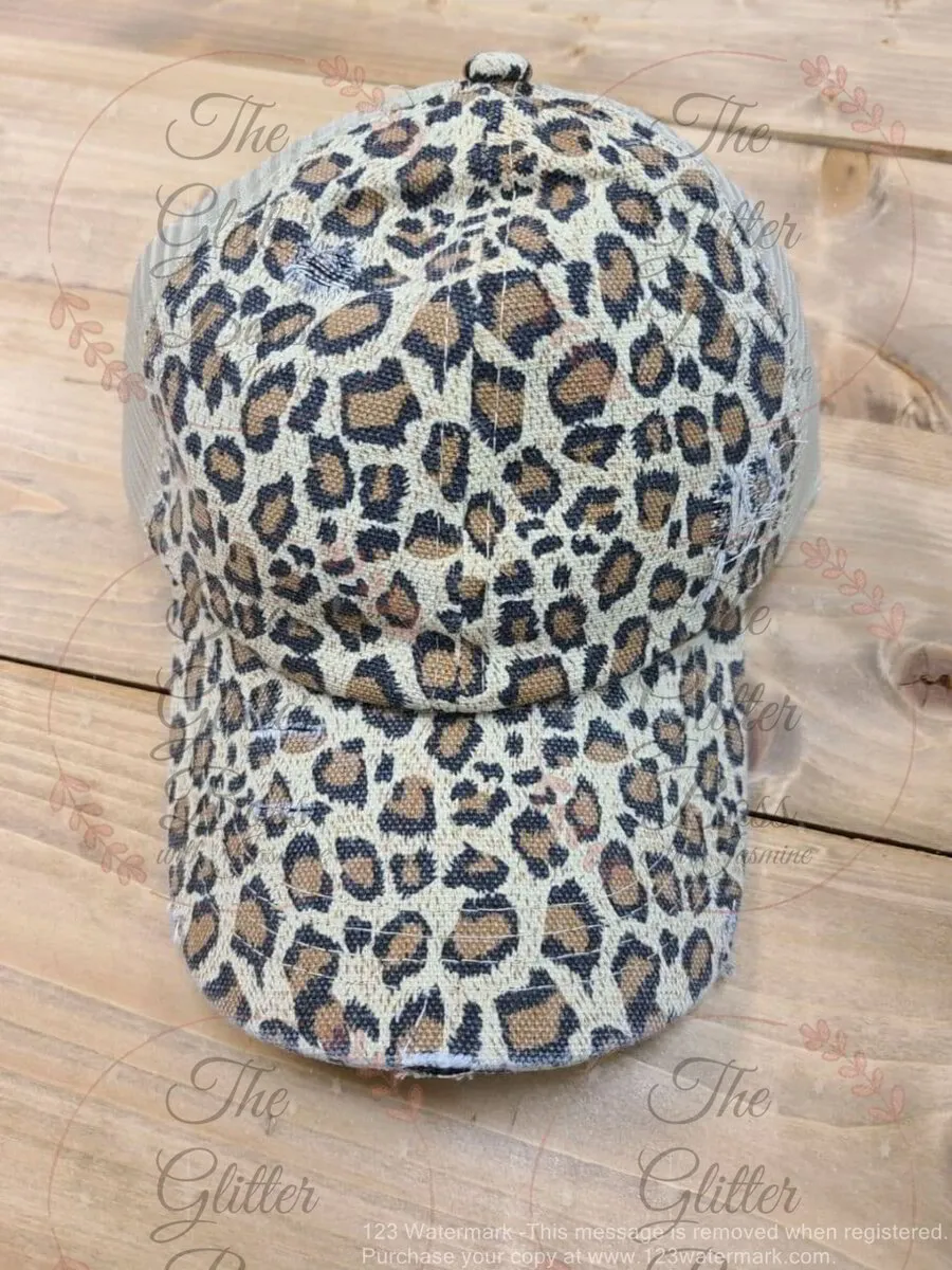 Distressed Tan Leopard Print Hat - Pony Tail