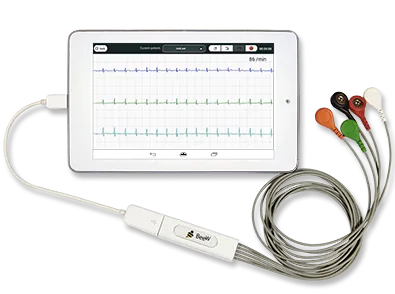 Professional quality medical sensors connected to Beecardia cloud service via smartphone, tablet or desktop