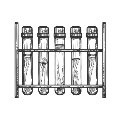 A black and white illustration of test tubes in a rack, depicting a laboratory setting.