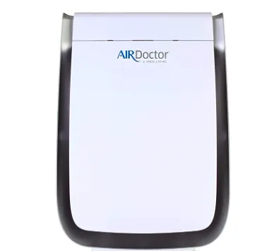 AIR Doctor air purifier with white front and gray accents, viewed from the front.