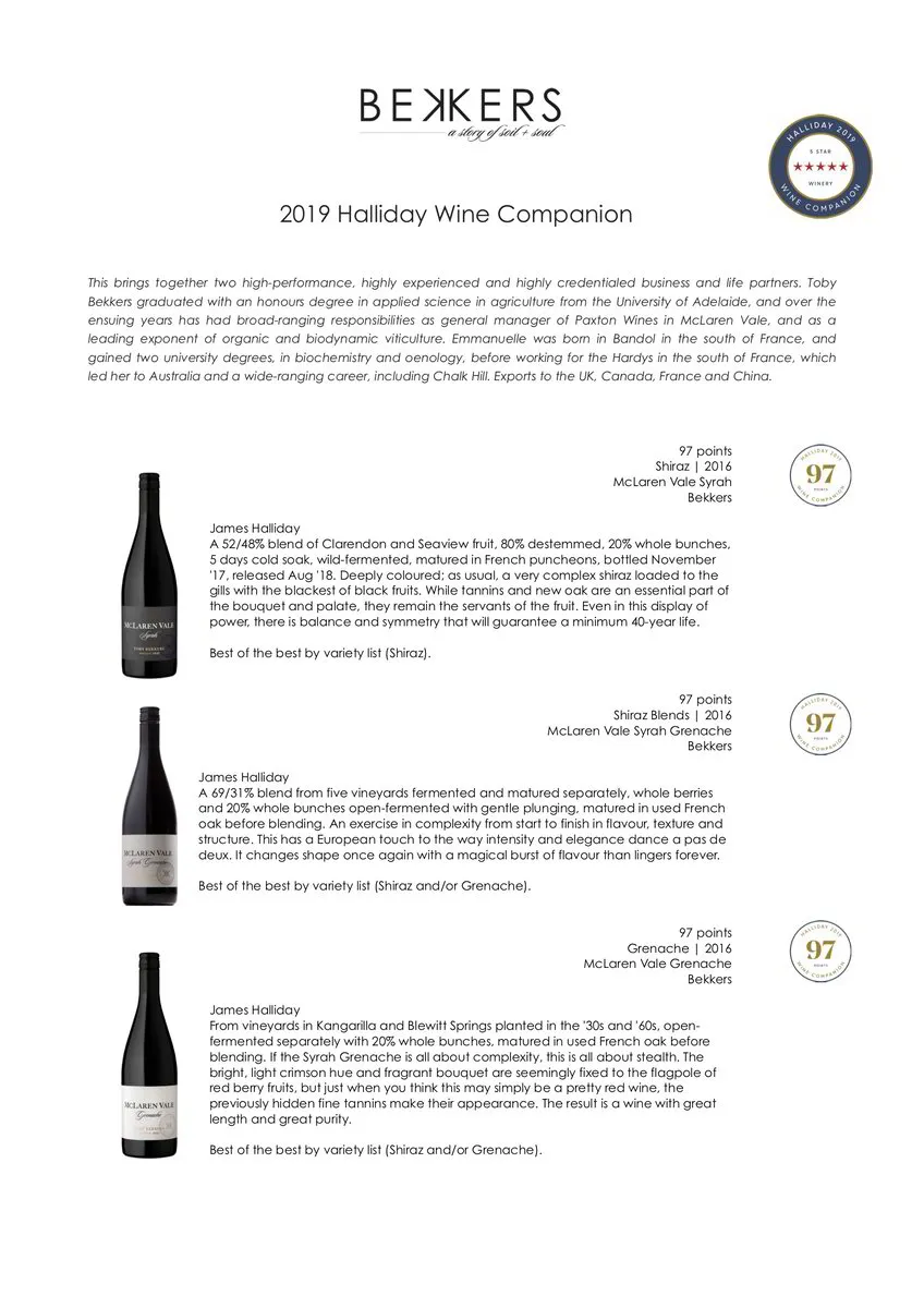 Bekkers 2019 Halliday Wine Companion