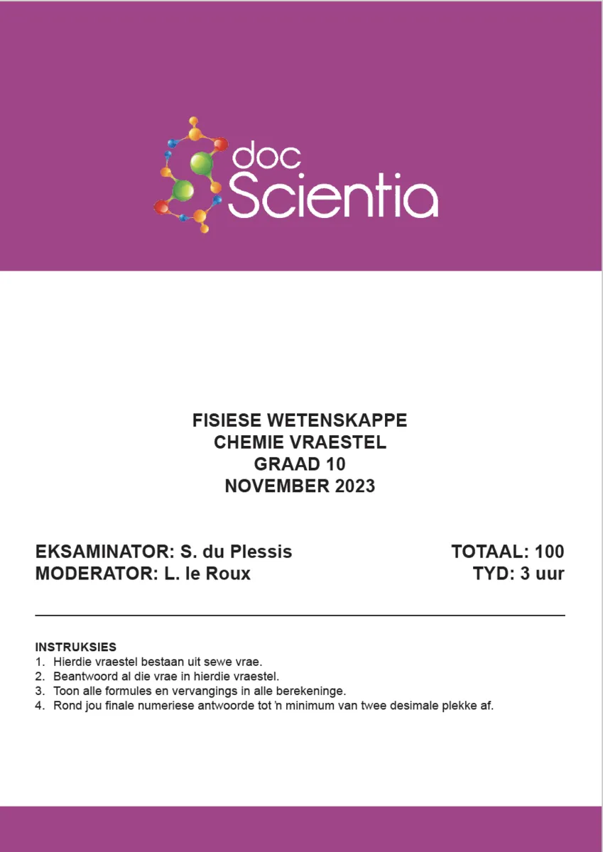 Gr. 10 Fisiese Wetenskappe Chemie Vraestel Nov. 2023