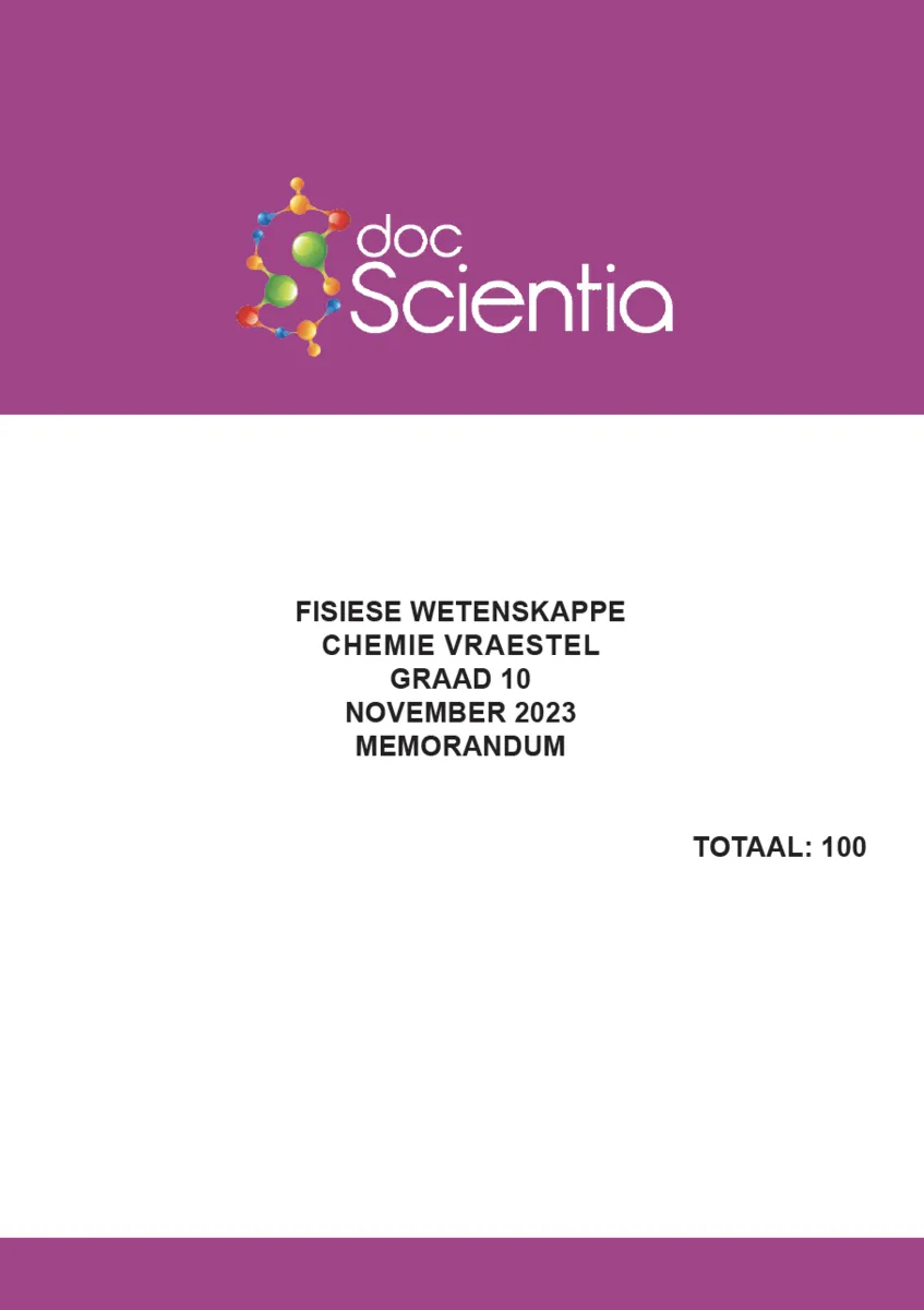 Gr. 10 Fisiese Wetenskappe Chemie Vraestel Nov. 2023 Memo