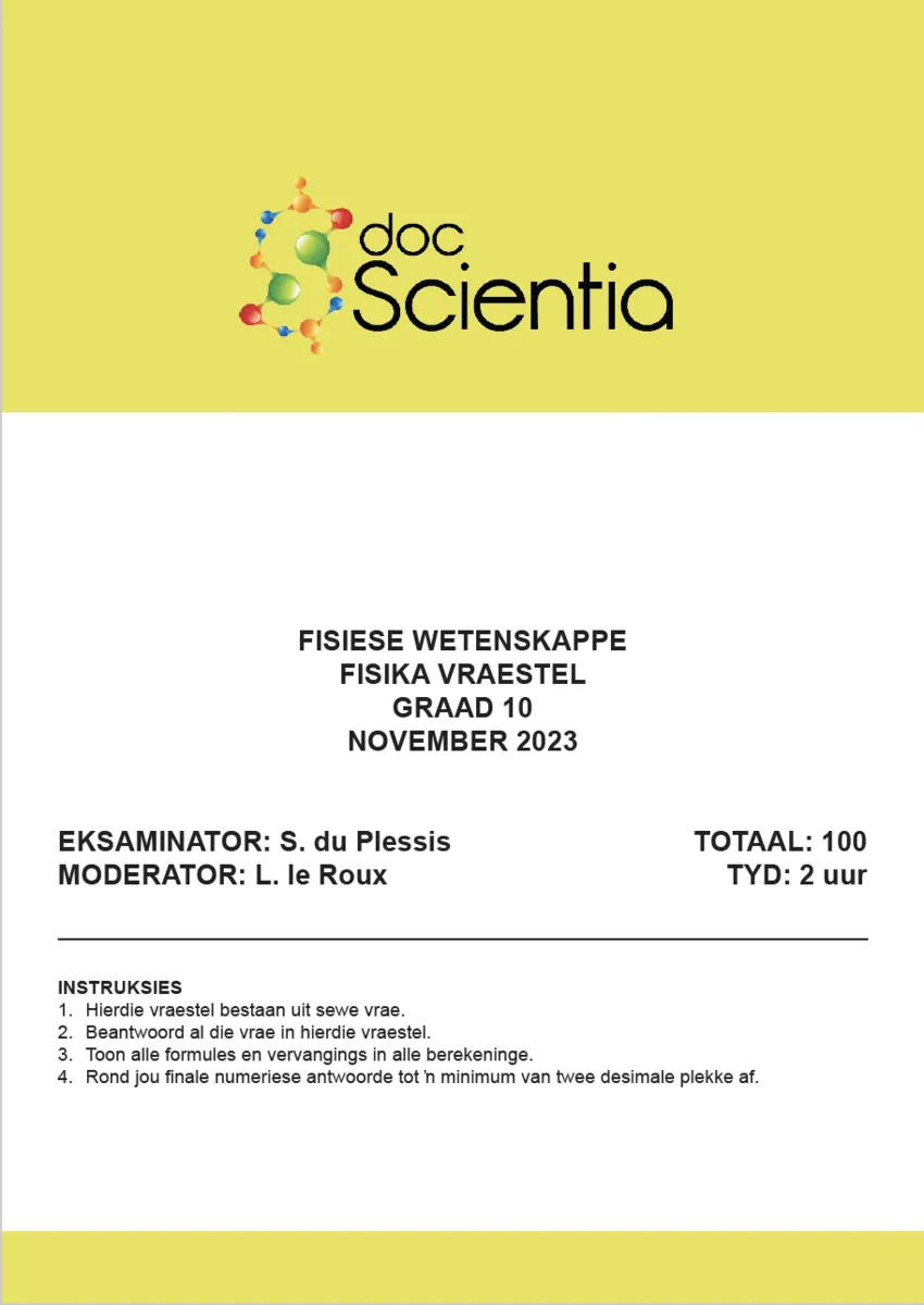 Gr. 10 Fisiese Wetenskappe Fisika Vraestel Nov. 2023