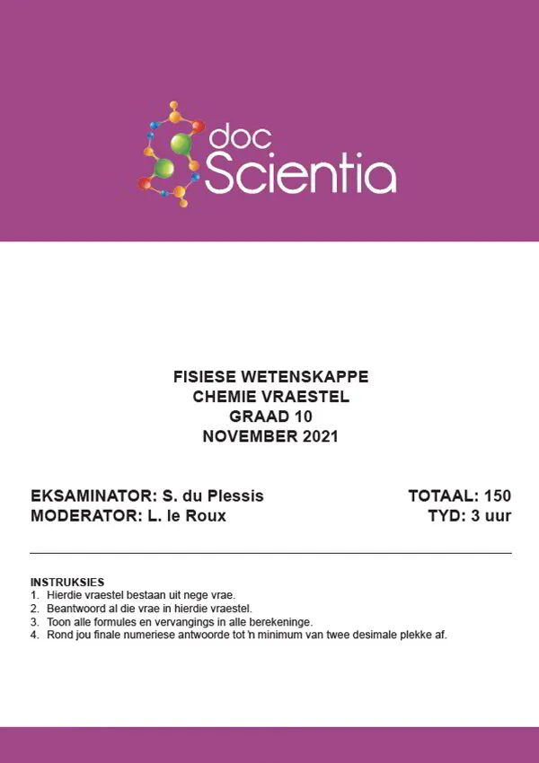 Gr. 10 Chemie Vraestel Nov. 2021