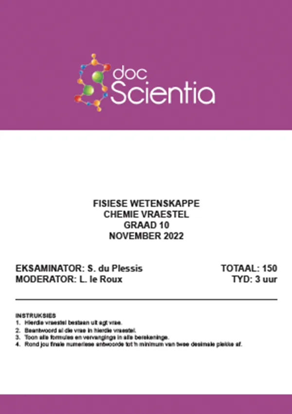 Gr. 10 Chemie Vraestel Nov. 2022