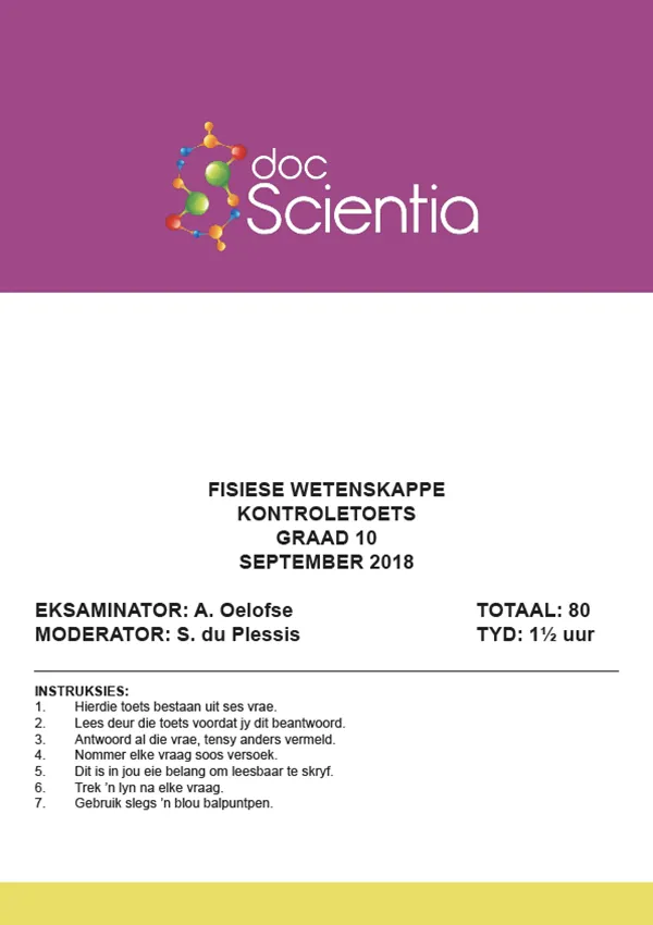Gr. 10 Fisiese Wetenskappe Toets en Memo September 2018