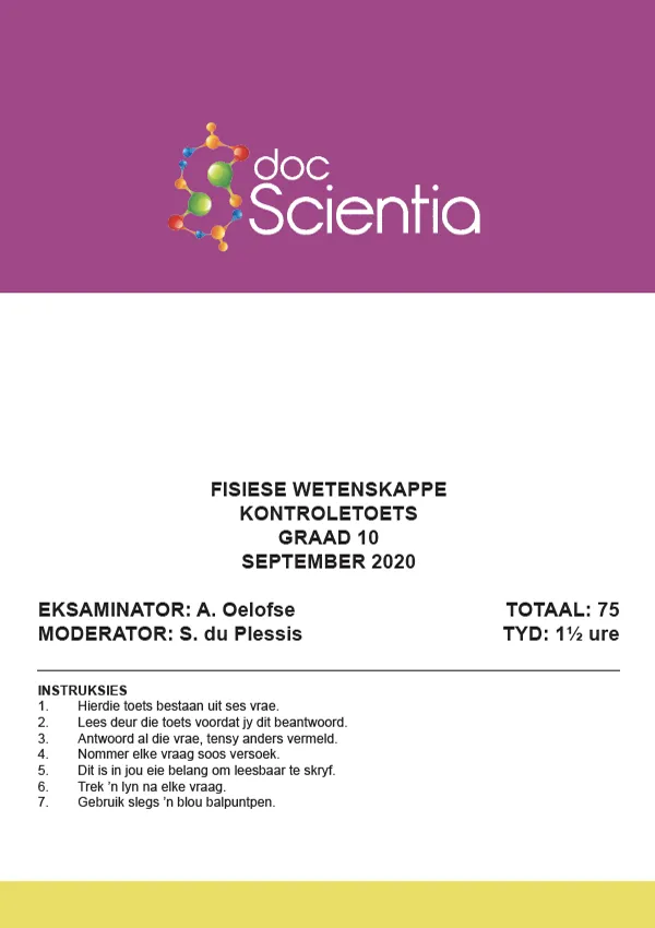 Gr. 10 Fisiese Wetenskappe Toets en Memo September 2020