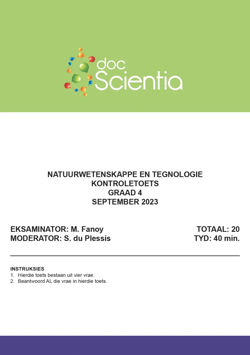 Gr. 4 Natuurwetenskappe en Tegnologie Toets en Memo September 2023