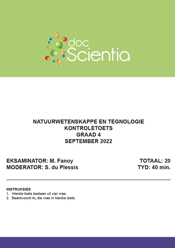 Gr. 4 Natuurwetenskappe en Tegnologie Toets en Memo September 2022