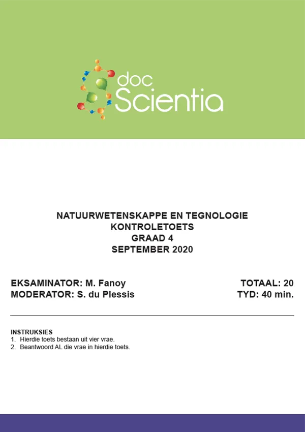 Gr. 4 Natuurwetenskappe en Tegnologie Toets en Memo September 2020