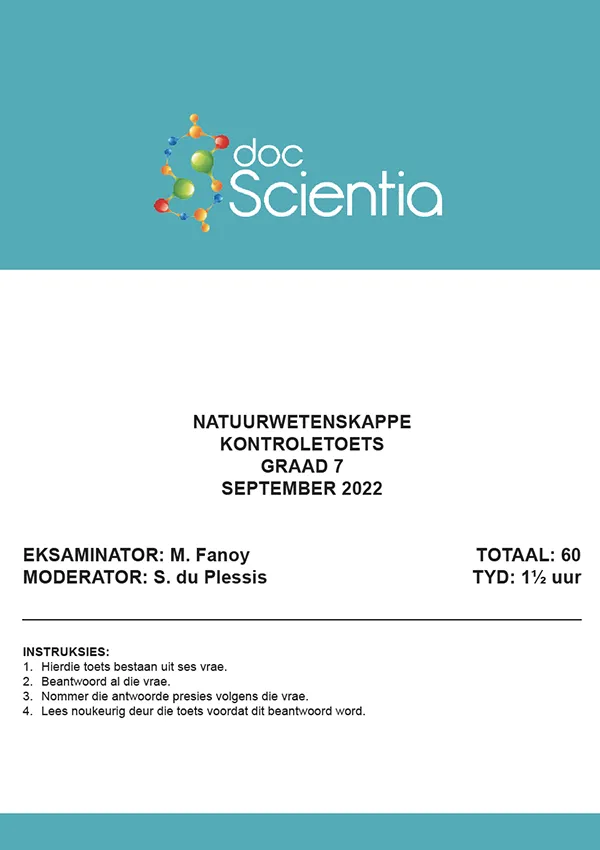 Gr. 7 Natuurwetenskappe Toets en Memo September 2022