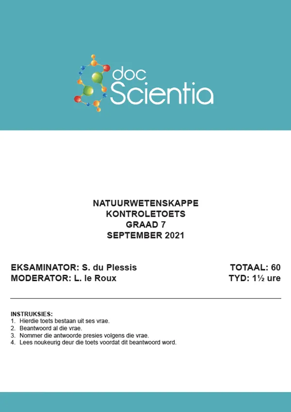 Gr. 7 Natuurwetenskappe Toets en Memo September 2021