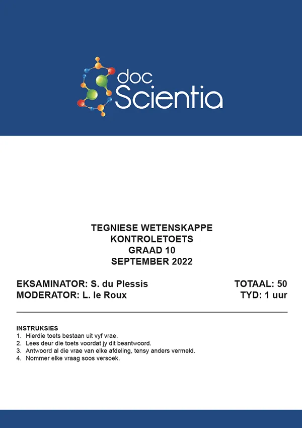Gr. 10 Tegniese Wetenskappe Toets en Memo September 2022