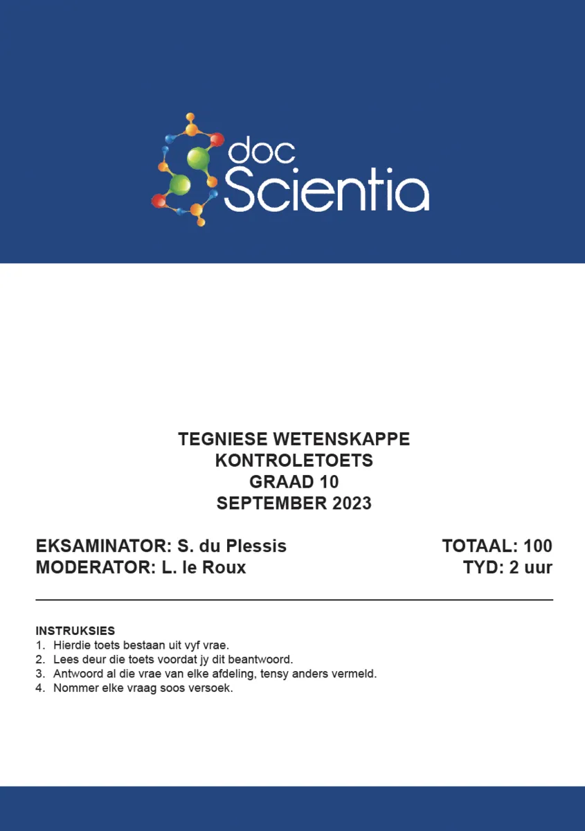 Gr. 10 Tegniese Wetenskappe Toets en Memo September 2023