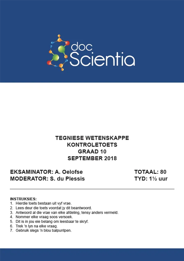 Gr. 10 Tegniese Wetenskappe Toets en Memo Sept. 2018