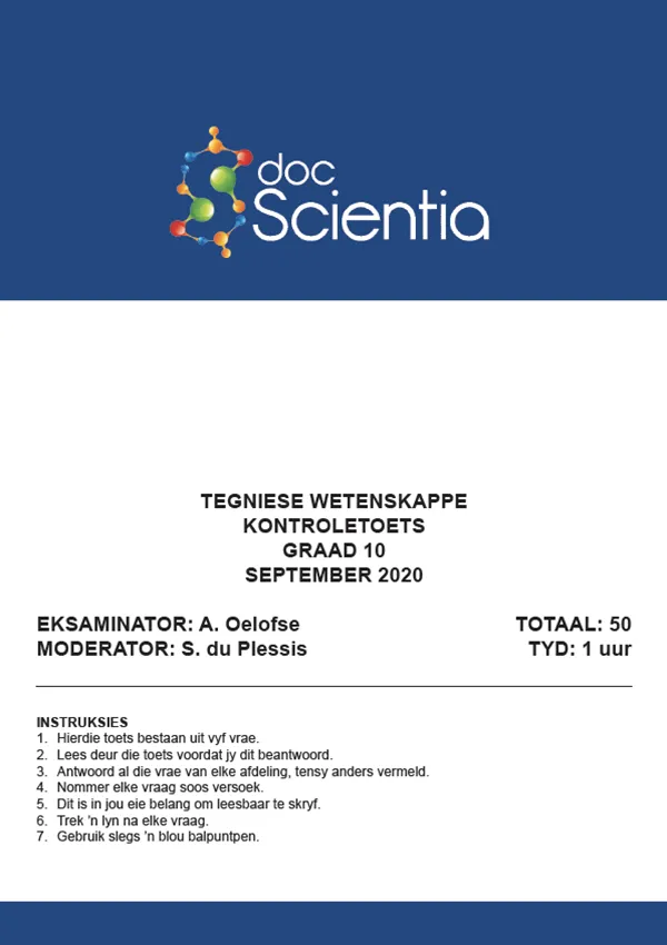 Gr. 10 Tegniese Wetenskappe Toets en Memo September 2020