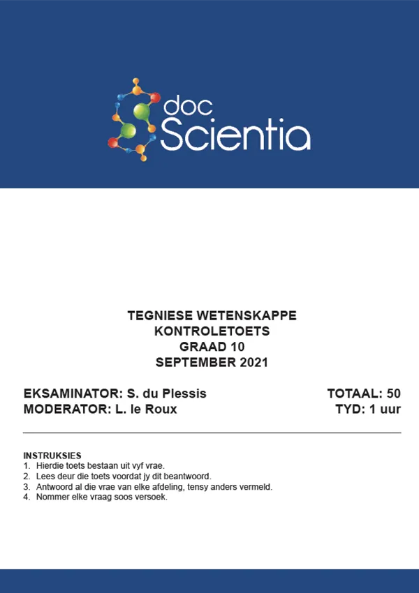 Gr. 10 Tegniese Wetenskappe Toets en Memo September 2021
