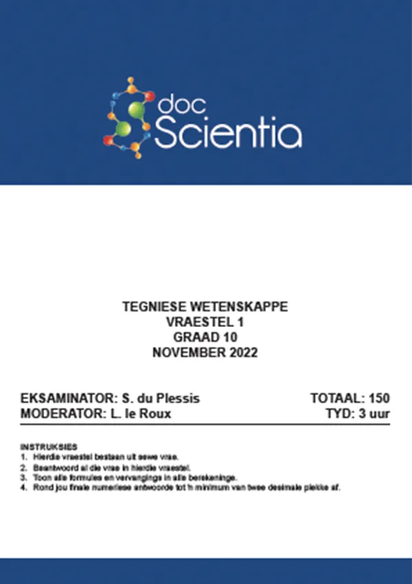 Gr. 10 Tegniese Wetenskappe Vraestel 1 Nov. 2022