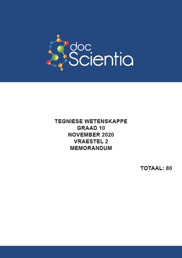 Gr. 10 Tegniese Wetenskappe Vraestel 2 Nov 2020 Memo