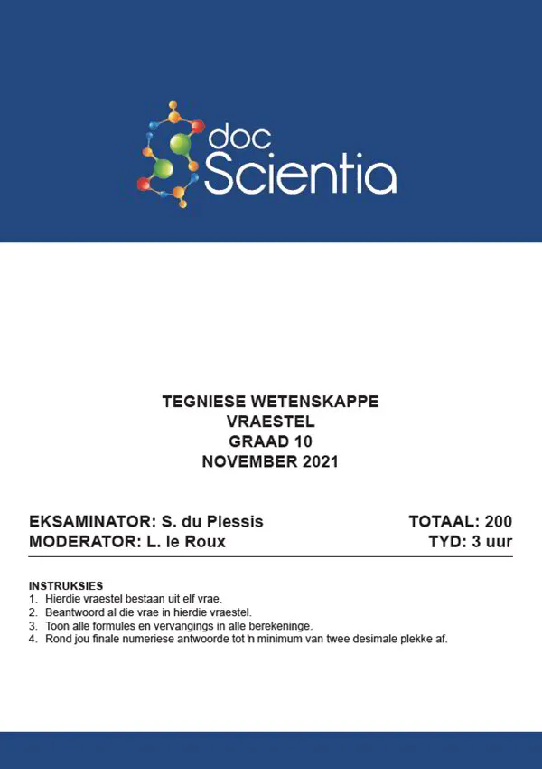 Gr. 10 Tegniese Wetenskappe Vraestel Nov. 2021