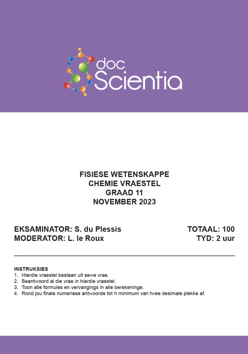 Gr. 11 Fisiese Wetenskappe Chemie Vraestel Nov.  2023