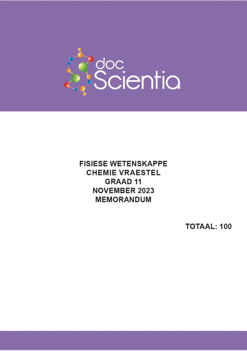 Gr. 11 Fisiese Wetenskappe Chemie Vraestel Nov.  2023 Memo