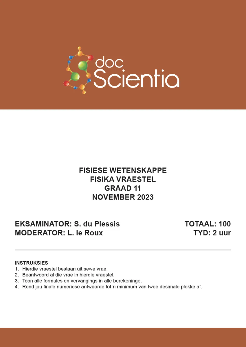 Gr. 11 Fisiese Wetenskappe Fisika Vraestel Nov.  2023