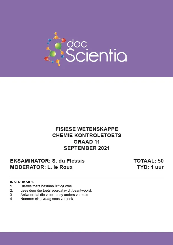 Gr. 11 Chemie Toets en Memo September 2021