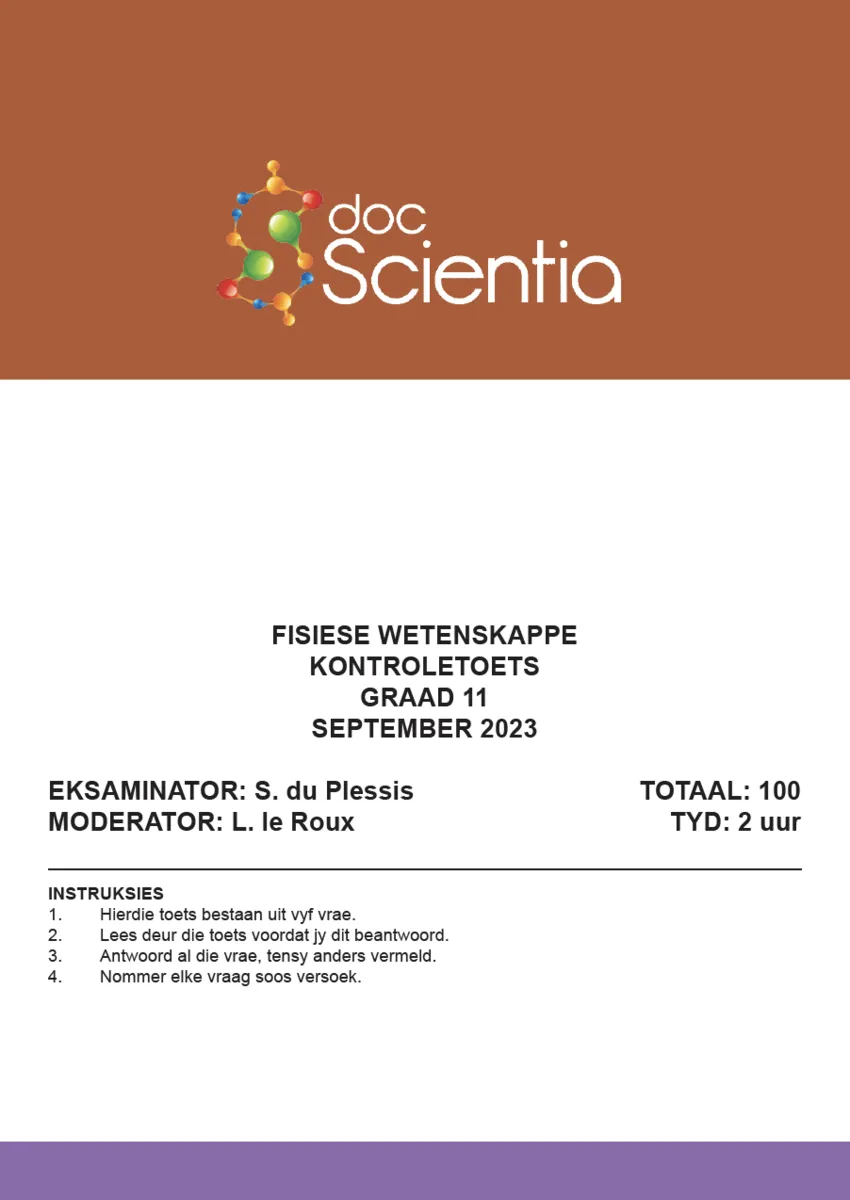 Gr. 11 Fisiese Wetenskappe Toets en Memo September 2023