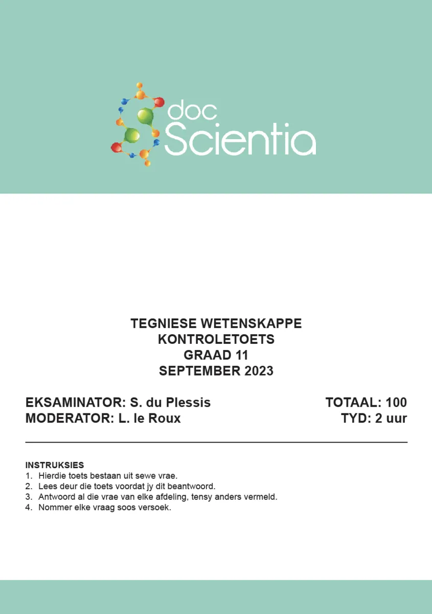Gr. 11 Tegniese Wetenskappe Toets en Memo September 2023
