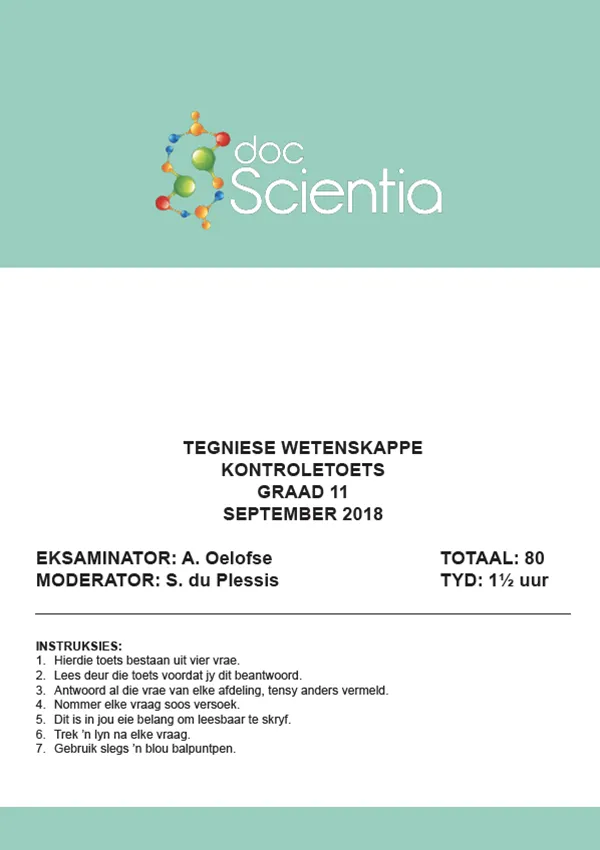 Gr. 11 Tegniese Wetenskappe Toets en Memo September 2018